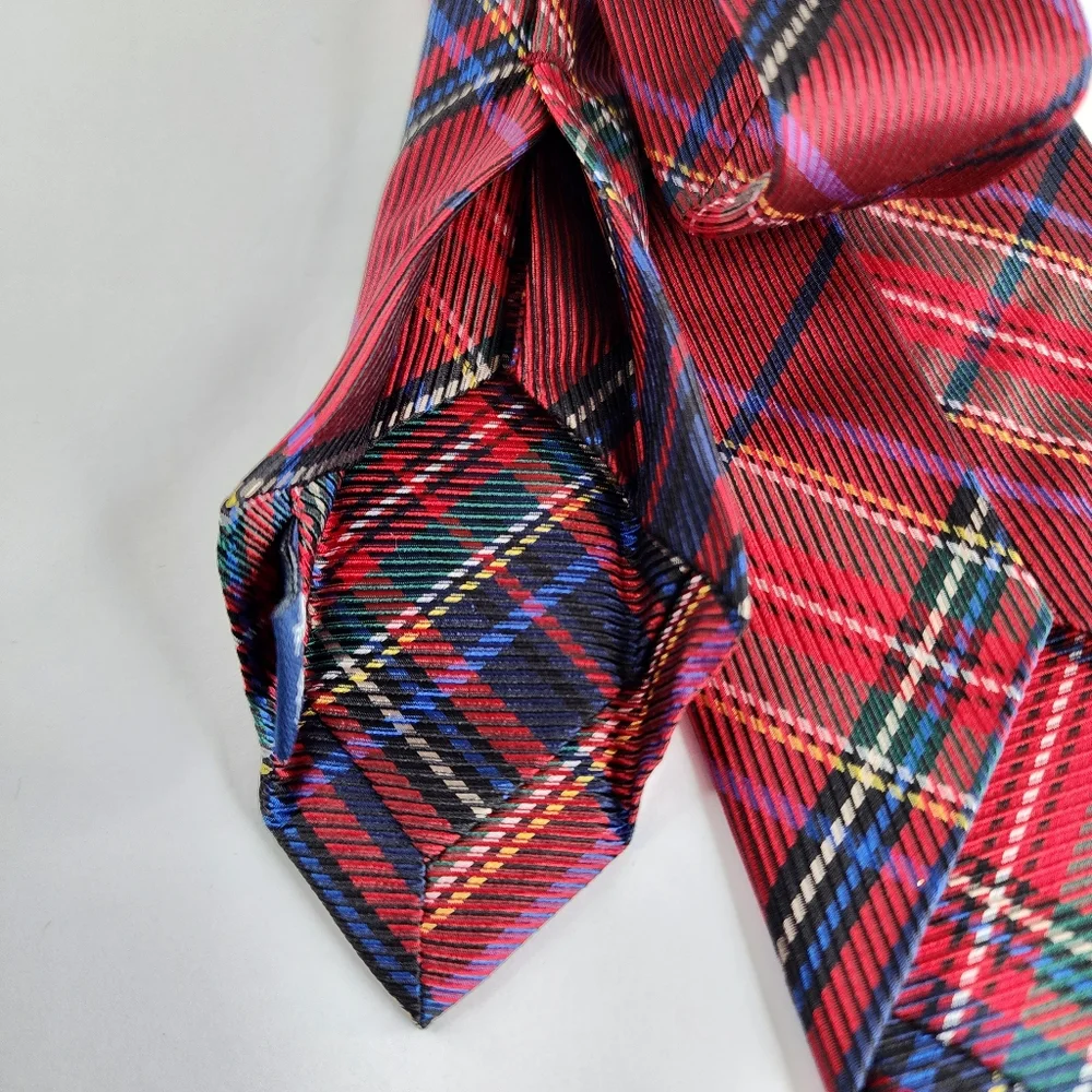 PAUL FREDRICK  Red Plaid Seven Fold Silk Tie.